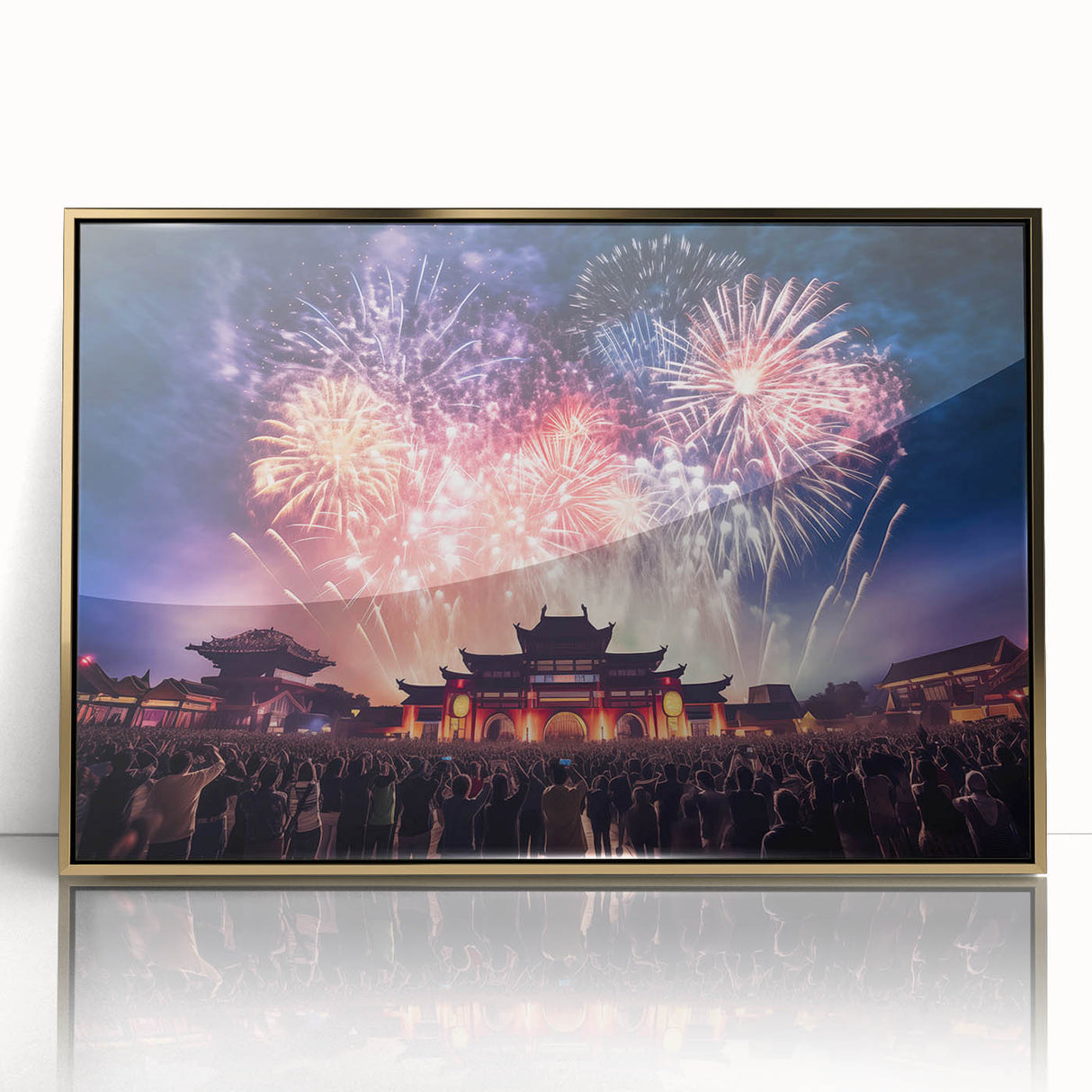 Framed acrylic print of Taiwan scenery with lush greenery and mountains, in mid-century modernist style.