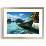 Textured abstract art print depicting a serene Thai landscape in soft gray and blue tones on a framed silver mat.