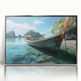 Mid-century modernist art depicting a serene Thai landscape in muted green and blue tones, framed acrylic.