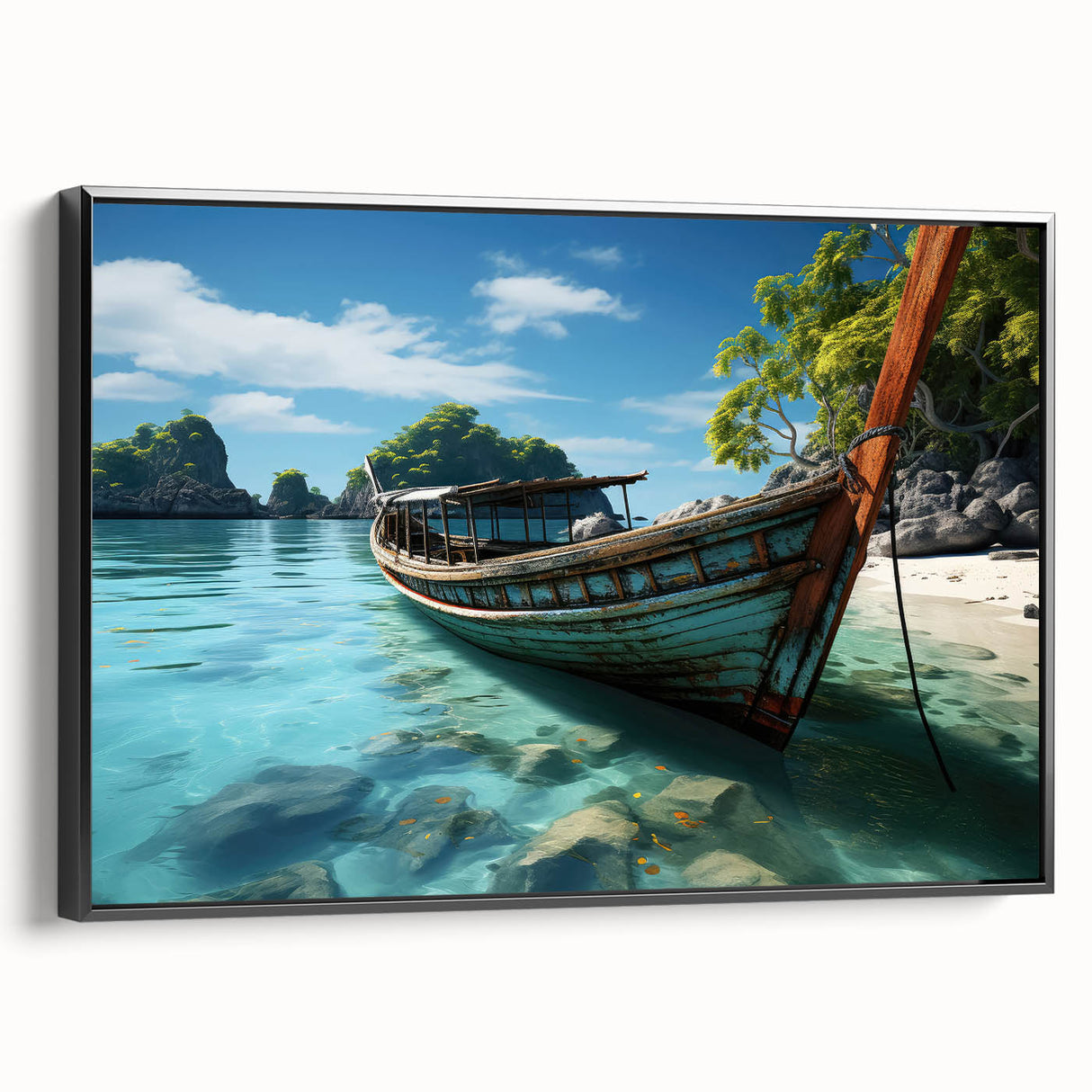 Black and white landscape art painting of Thai scenery on framed canvas, ideal for bedroom wall decor.