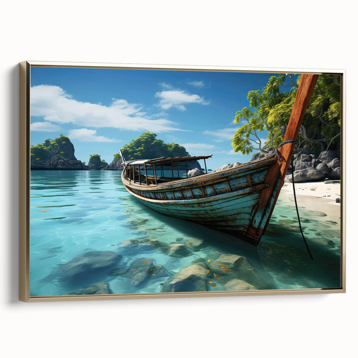 Framed canvas featuring a vintage-style landscape painting of a Thai scenery in muted gold and black tones.