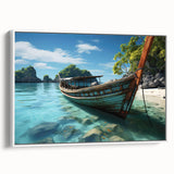 Vintage poster art of a scenic Asian landscape in vibrant colors on a white framed canvas, suitable for living room decor.