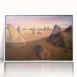 Acrylic print of Perth skyline in muted colors, framed in white, suitable for modern art wall decor.