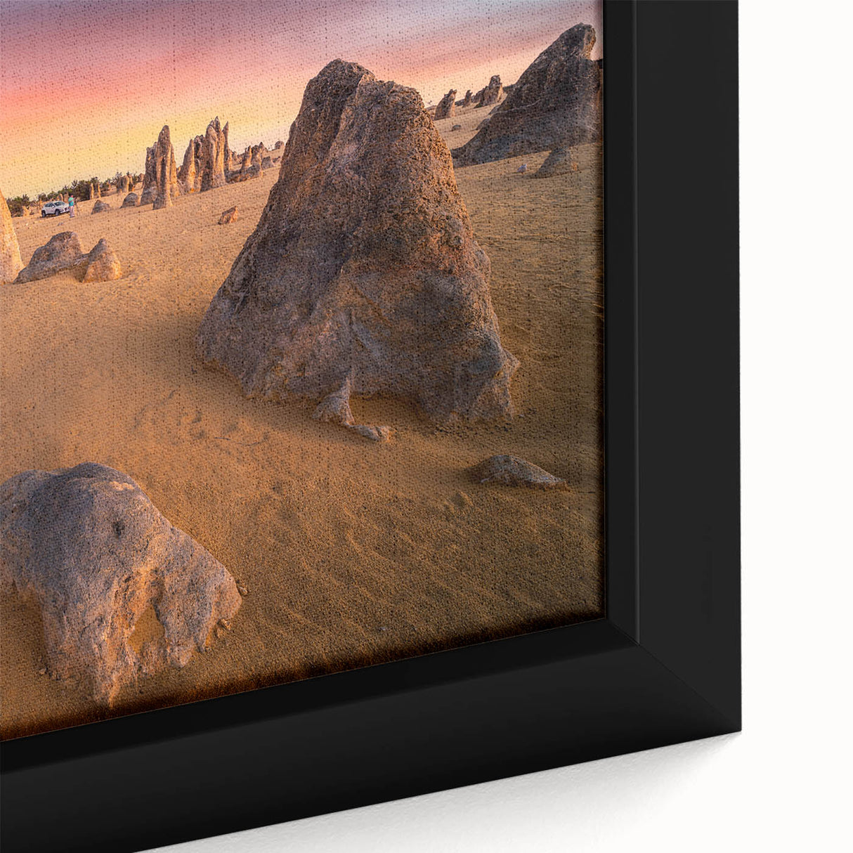 Extra large framed canvas featuring a textured portrayal of the Perth skyline in black with colorful accents.