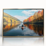 Large art print of Quebec scenery in mid-century modernist style, featuring muted earth tones on framed acrylic.