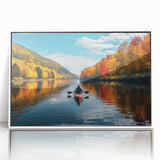 Art deco poster of Quebec scenery in muted blues and whites on framed acrylic, ideal for modern nursery wall art.