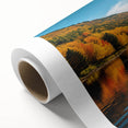 Art deco poster of Quebec scenery on rolled canvas, featuring muted earth tones, ideal for nursery wall art.