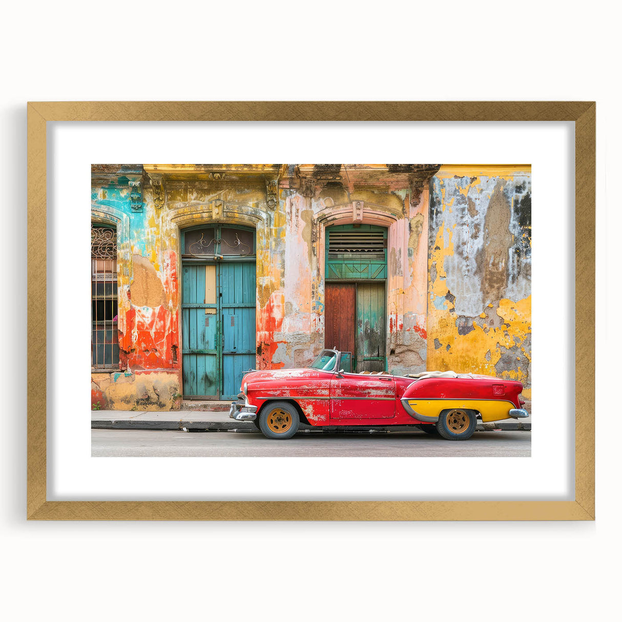 Abstract art print of a Caribbean scene in vibrant blue and green tones on a framed canvas.
