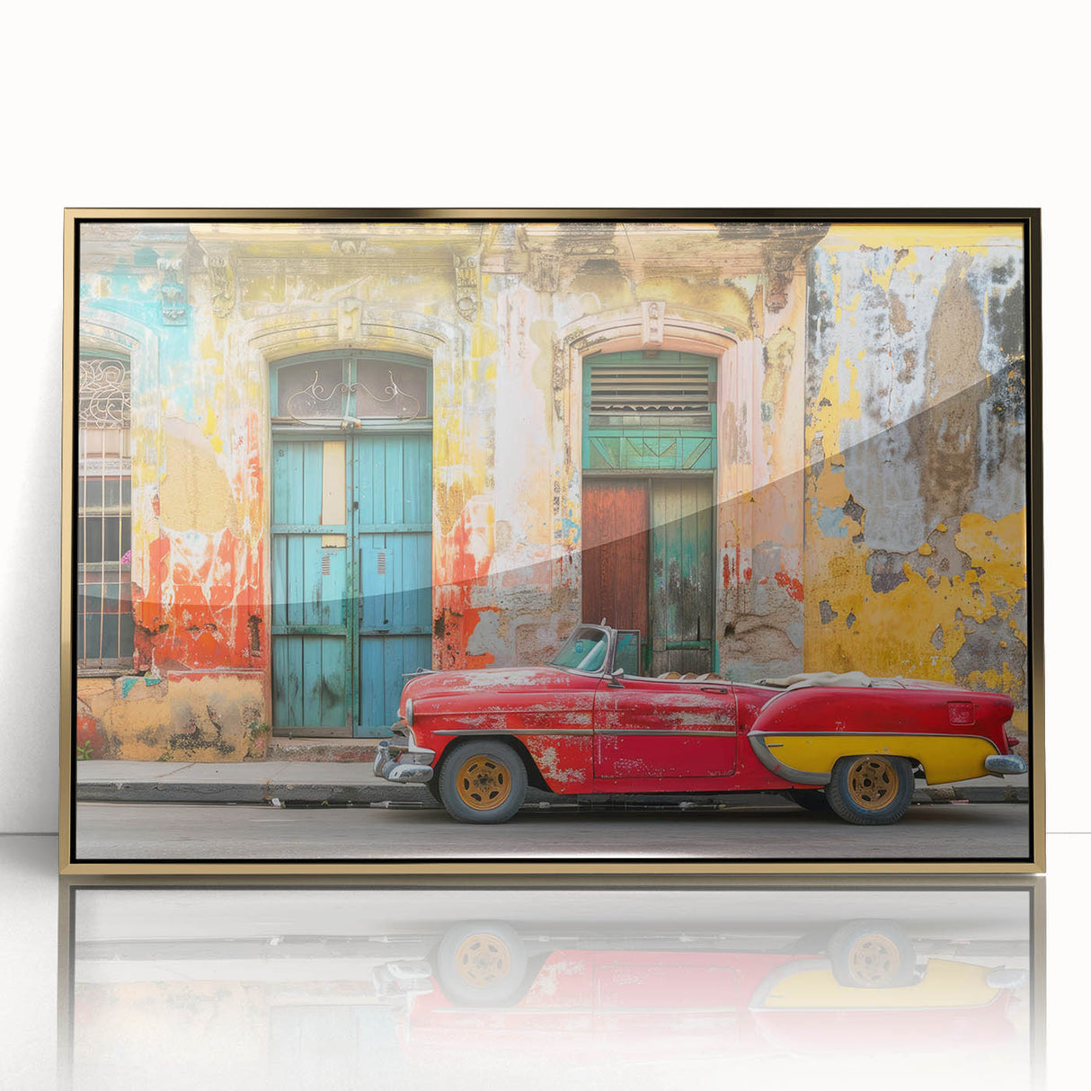 Art deco poster of a Caribbean scene with vibrant blue and gold tones on acrylic, ideal for modern art wall decor.