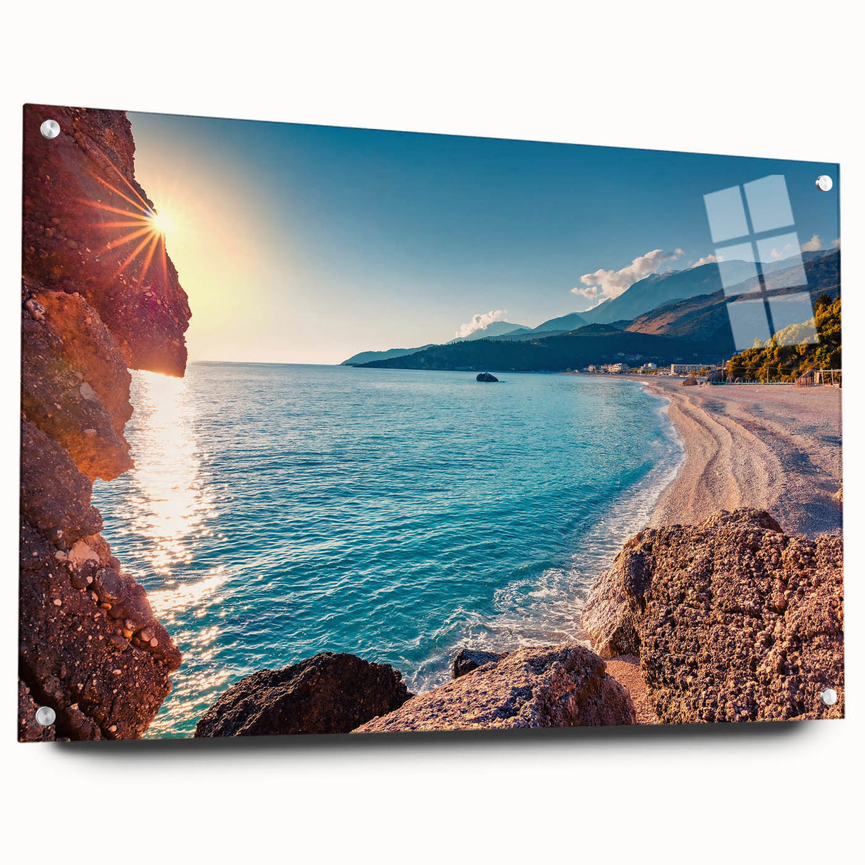 Large abstract wall art of European scenery in Albania, rendered in muted tones on acrylic glass.