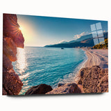 Large abstract wall art depicting a European scenery in muted earth tones, printed on acrylic glass.