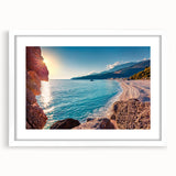 Textured abstract art print depicting a European scenery in muted earth tones on a framed white mat, ideal for bedroom art.