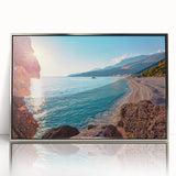 Framed acrylic print of a European Albanian scenery in muted earth tones, suitable for modern art wall decor.