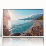 Mid-century modernist art of Albanian scenery in muted earth tones on a white framed acrylic, ideal for nursery wall art.