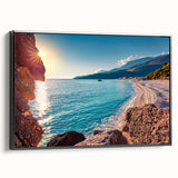 Black and white framed canvas of a vintage Albanian landscape, ideal for bedroom wall decor.