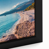 Extra large framed canvas featuring a textured depiction of an Albanian landscape in vibrant colors.