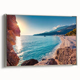 Landscape art painting of a European Albanian scenery on a framed canvas.