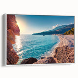 Vintage poster art of a scenic Albanian landscape on framed canvas, featuring colorful art in extra large format.