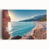 Black and white photograph of a European Albanian scenery on stretched canvas, ideal for kitchen wall art.