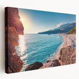 Large canvas print of a tranquil Albanian landscape in soft green and blue tones, suitable for kitchen wall art.