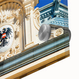 Large abstract wall art depicting a European scenery in muted earth tones on acrylic glass, ideal for dining room ambiance.