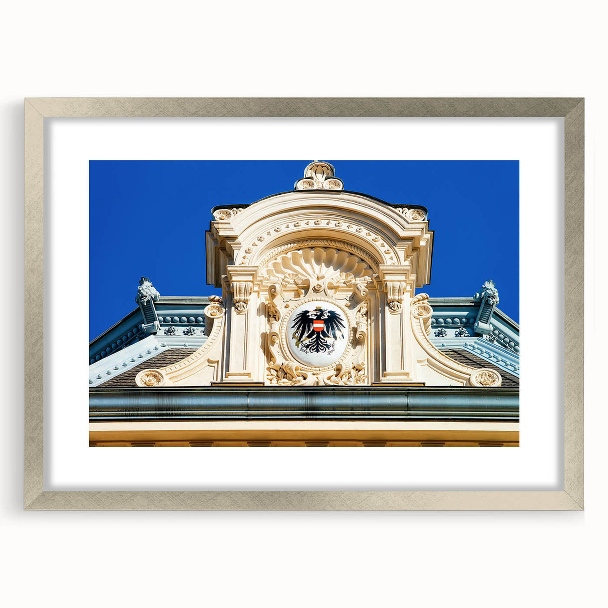 Extra large abstract art print of European scenery in muted earth tones, framed in silver, ideal for living room decor.