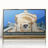 Art deco poster depicting a serene Austrian landscape in muted gold and green tones, framed acrylic.