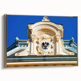 Vintage poster art of a European Austrian scenery on a framed canvas with gold accents, ideal for living room decor.