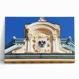 Black and white photograph of a European street scene on large stretched canvas, suitable for kitchen art.