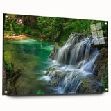 Large abstract wall art featuring a European scenery in muted colors on acrylic glass.