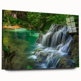 Large abstract wall art featuring a European scenery in muted earth tones on acrylic glass.