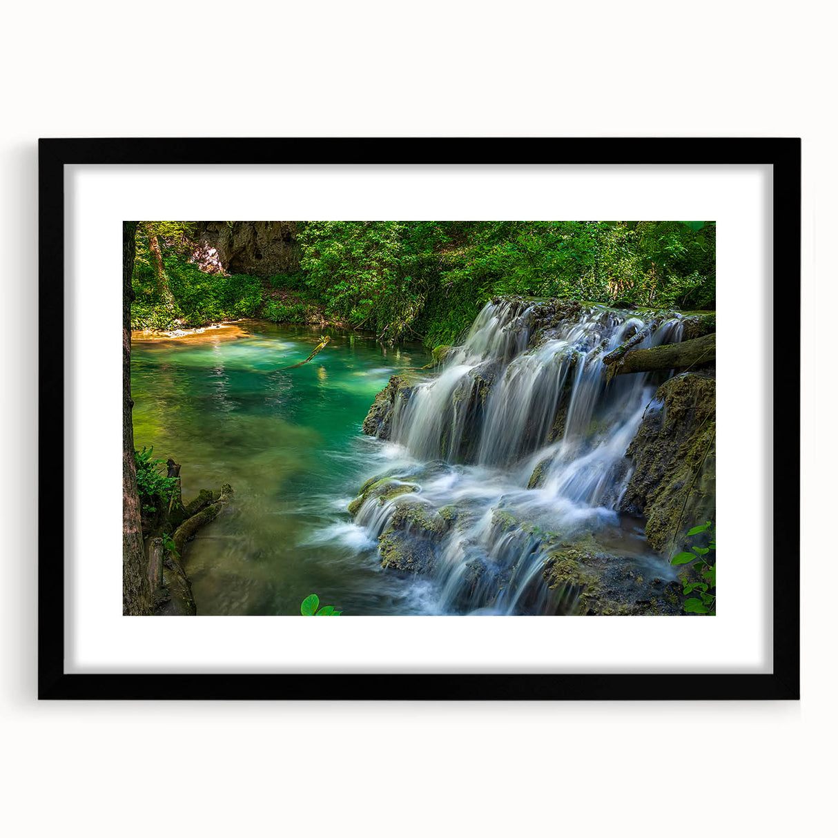 Abstract art print of a colorful European scenery in vibrant hues on a large framed canvas, ideal for living room decor.