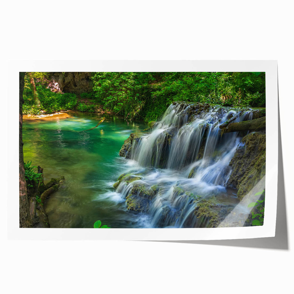 Extra large rolled print of a Bulgarian landscape with vibrant green fields and blue skies, ideal for dining room wall art.