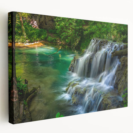 Large canvas print of a European landscape in muted green and blue tones, ideal for kitchen wall art.