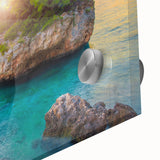 Large abstract wall art of a Croatian landscape in vibrant blues and greens on acrylic glass, ideal for dining room art.