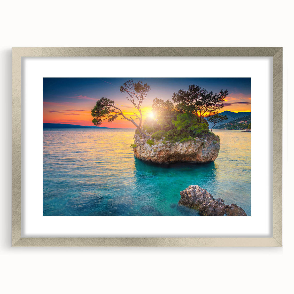 Extra large abstract art print of a Croatian landscape in muted earth tones, framed in silver, ideal for living room decor.