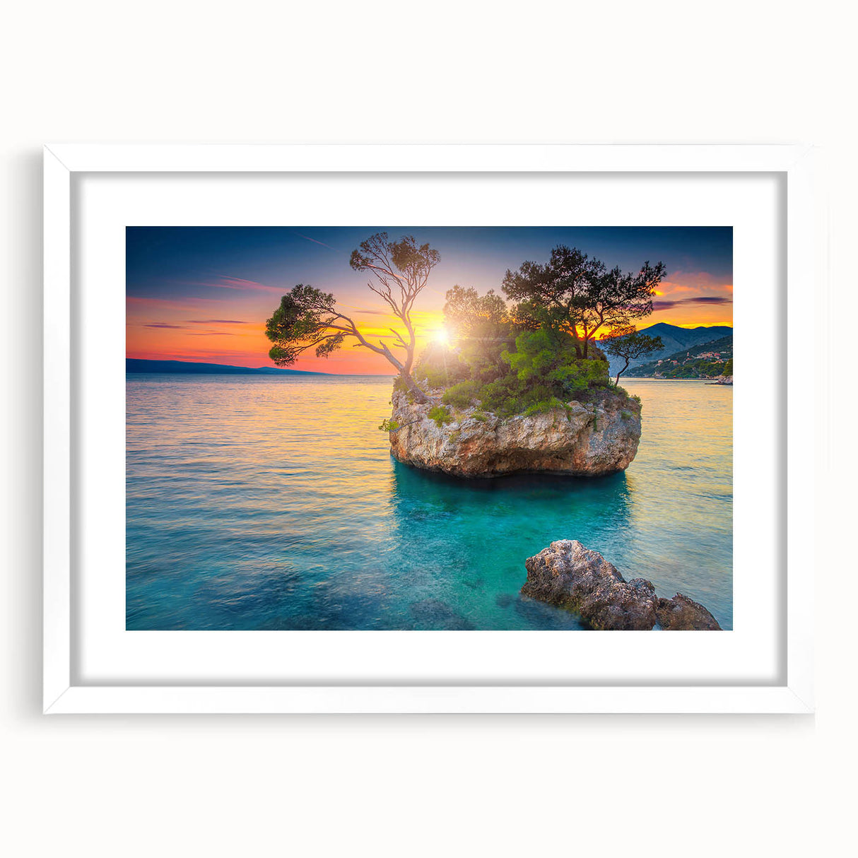 Textured abstract art print depicting a Croatian landscape in muted earth tones, framed with a white mat.