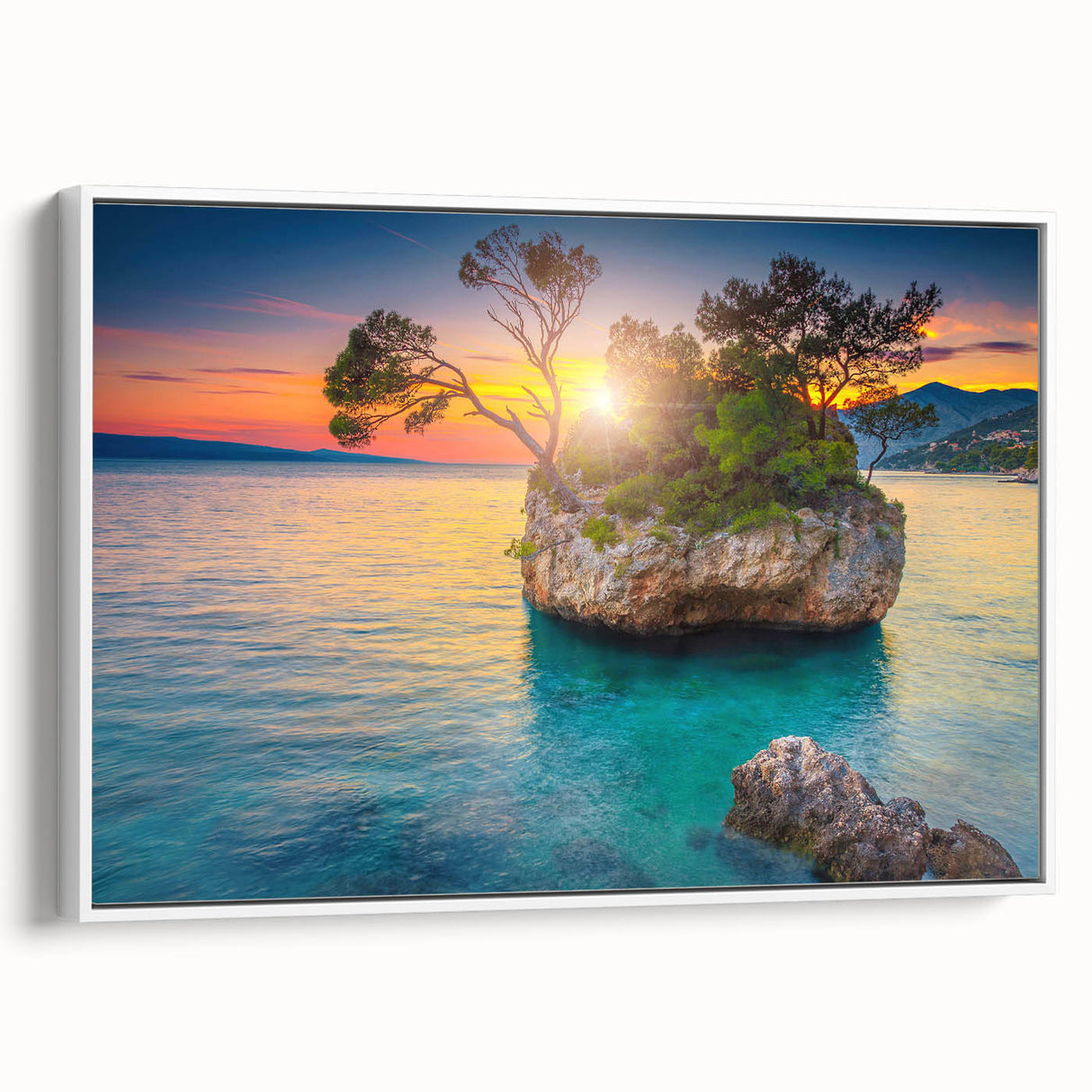 Vintage poster art of a colorful Croatian landscape on extra large framed canvas, ideal for living room decor.
