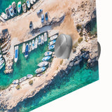 Large abstract wall art depicting a European Cyprus scenery in vibrant green and blue hues on acrylic glass.