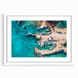 Textured abstract art print depicting a European landscape in muted earth tones, framed with a white mat.