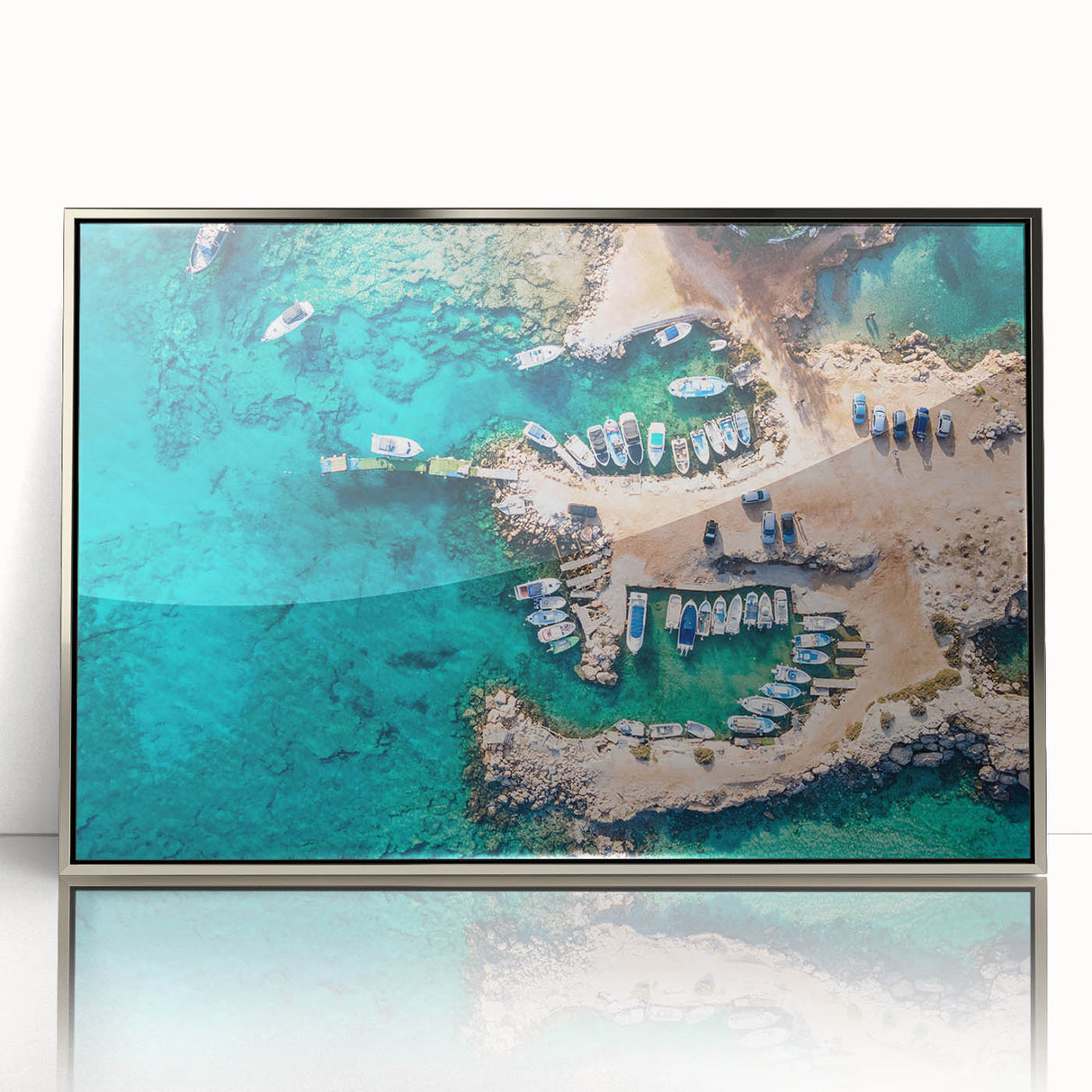 Mid-century modernist art depicting a European Cyprus landscape in muted earth tones, framed in silver acrylic.
