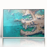 Mid-century modernist art depicting a European Cyprus landscape in muted earth tones on a white-framed acrylic print.