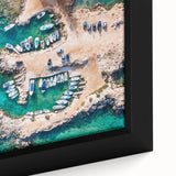 Black framed canvas of a textured European Cyprus landscape in colorful art style, ideal for living room decor.