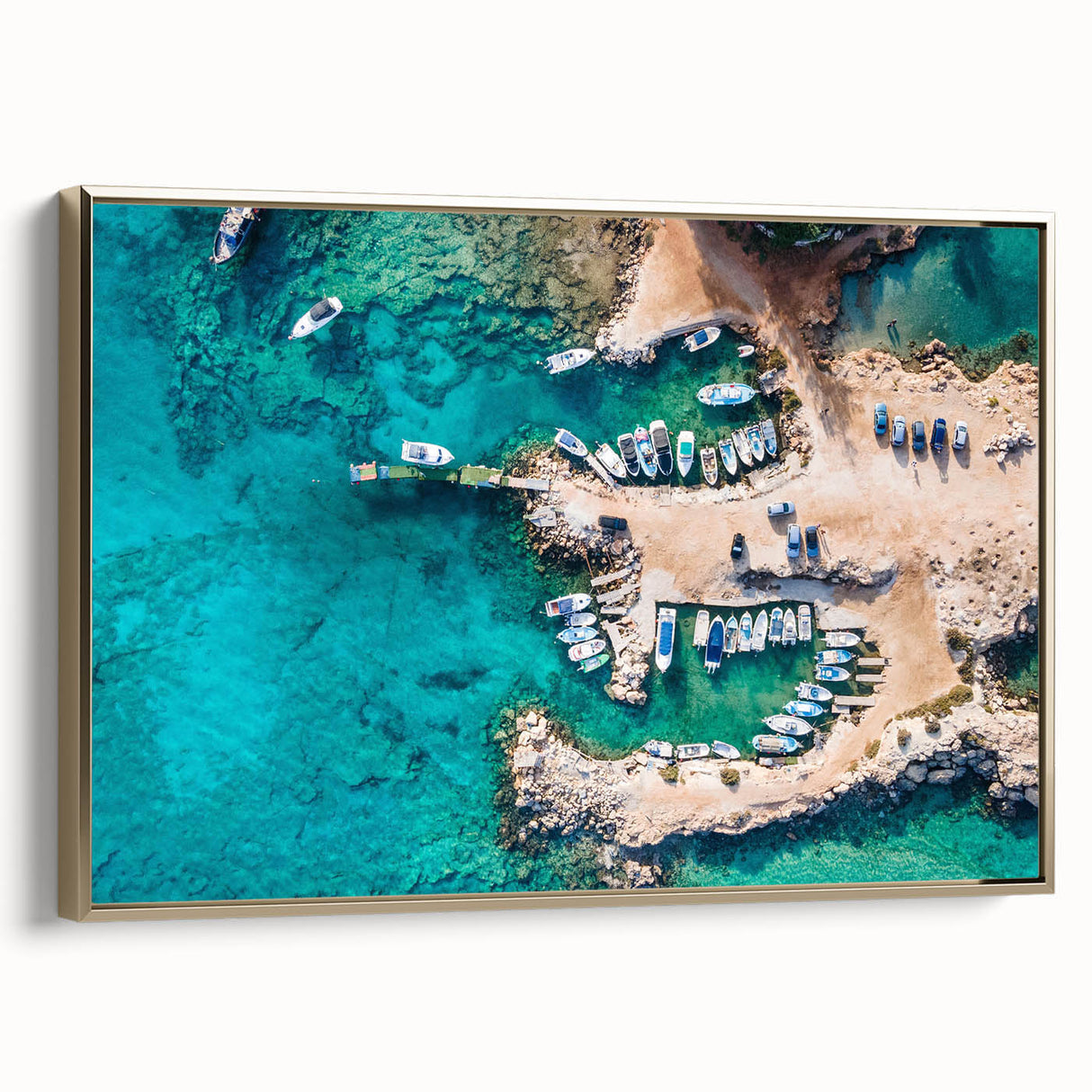 Framed canvas wall art depicting a vintage-style landscape of Cyprus in muted gold and black tones, ideal for bedroom decor.