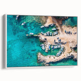 Vintage poster art of a European Cyprus landscape on a framed canvas, featuring colorful art in large format.