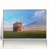 Framed acrylic print of a European cityscape with pastel shades, ideal for modern art wall decor in a nursery.