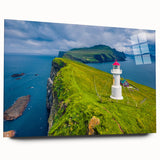 Large abstract wall art featuring a serene Danish landscape in muted greens and blues, printed on acrylic glass.