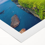 Art deco poster featuring a serene European landscape in muted green and blue tones on rolled canvas.