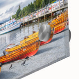 Large abstract wall art depicting a serene Cumbria landscape in muted green and blue tones, printed on acrylic glass.