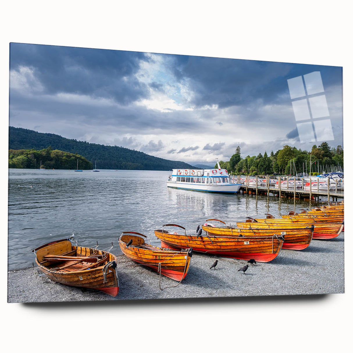 Acrylic print of a serene Cumbria landscape in muted green and blue tones, suitable for bedroom or dining room decor.